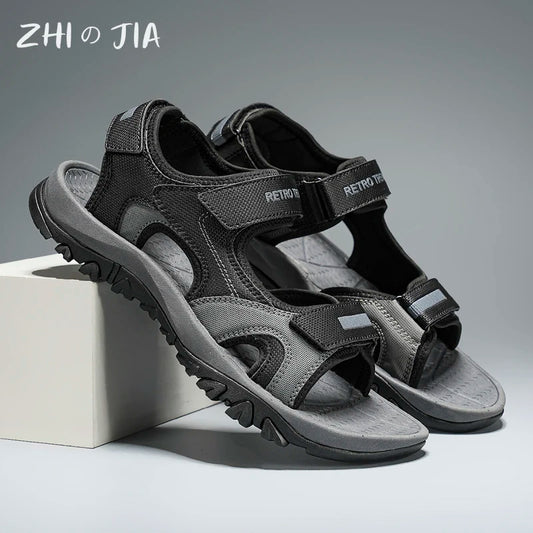 Black and blue men's summer water sandals with breathable, quick-drying design, flat bottom, and non-slip sole for beach and driving.