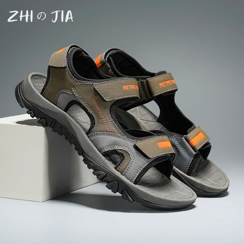 Black and blue men's summer sandals with breathable, quick-drying design, flat bottom, and non-slip sole for beach and driving.