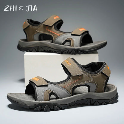 Black and blue men's summer water sandals with breathable quick-drying material, flat bottom, non-slip sole, ideal for beach and driving.