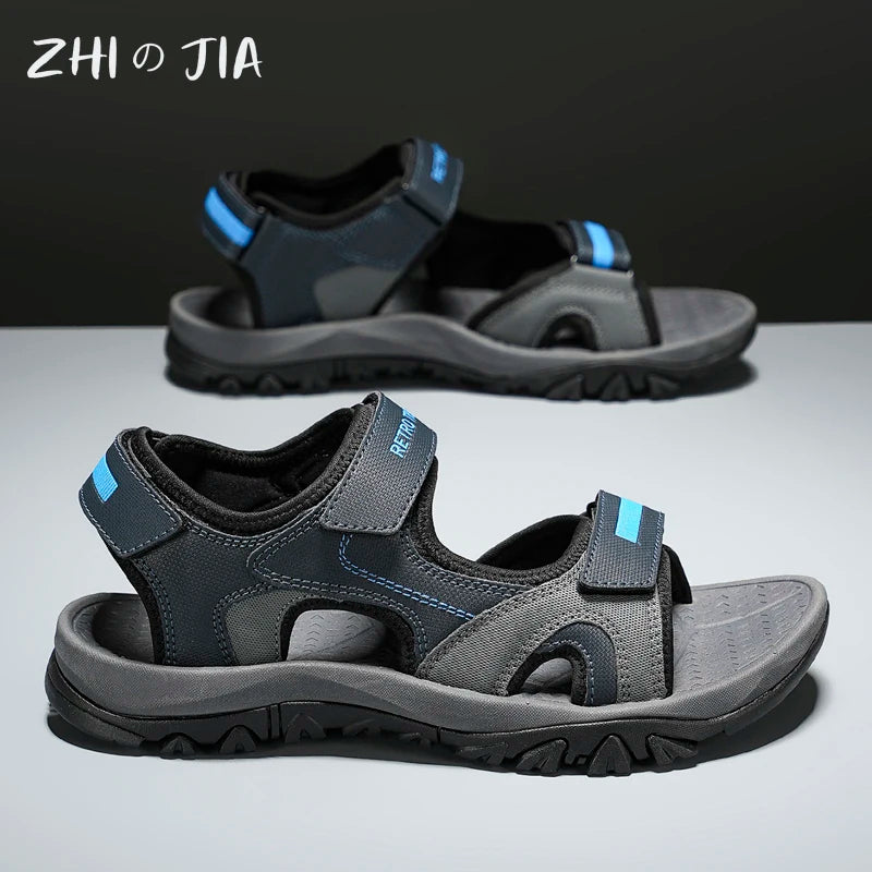 Black and blue men's summer water sandals with breathable, quick-drying material, flat bottom, non-slip sole, suitable for beach and driving.