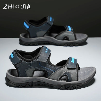Black and blue men's summer water sandals with breathable, quick-drying material, flat bottom, non-slip sole, suitable for beach and driving.
