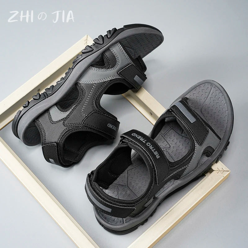 Men's black and blue summer sandals by BACKUPMYFILESNOW.COM®, water-friendly, breathable, quick-drying, non-slip flat-bottom driving shoes.