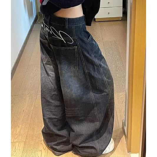 Black women's high waist vintage hip hop jeans with straight wide-leg fit, baggy denim pants, Y2K American street style.
