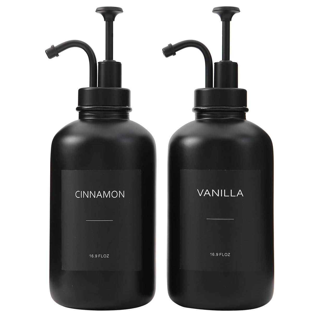 Black BONLONG coffee syrup dispenser with 16.9oz glass bottle and 18 syrup labels, ideal for coffee bar accessories and syrup pumps.