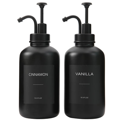 Black BONLONG coffee syrup dispenser with 16.9oz glass bottle and 18 syrup labels, ideal for coffee bar accessories and syrup pumps.