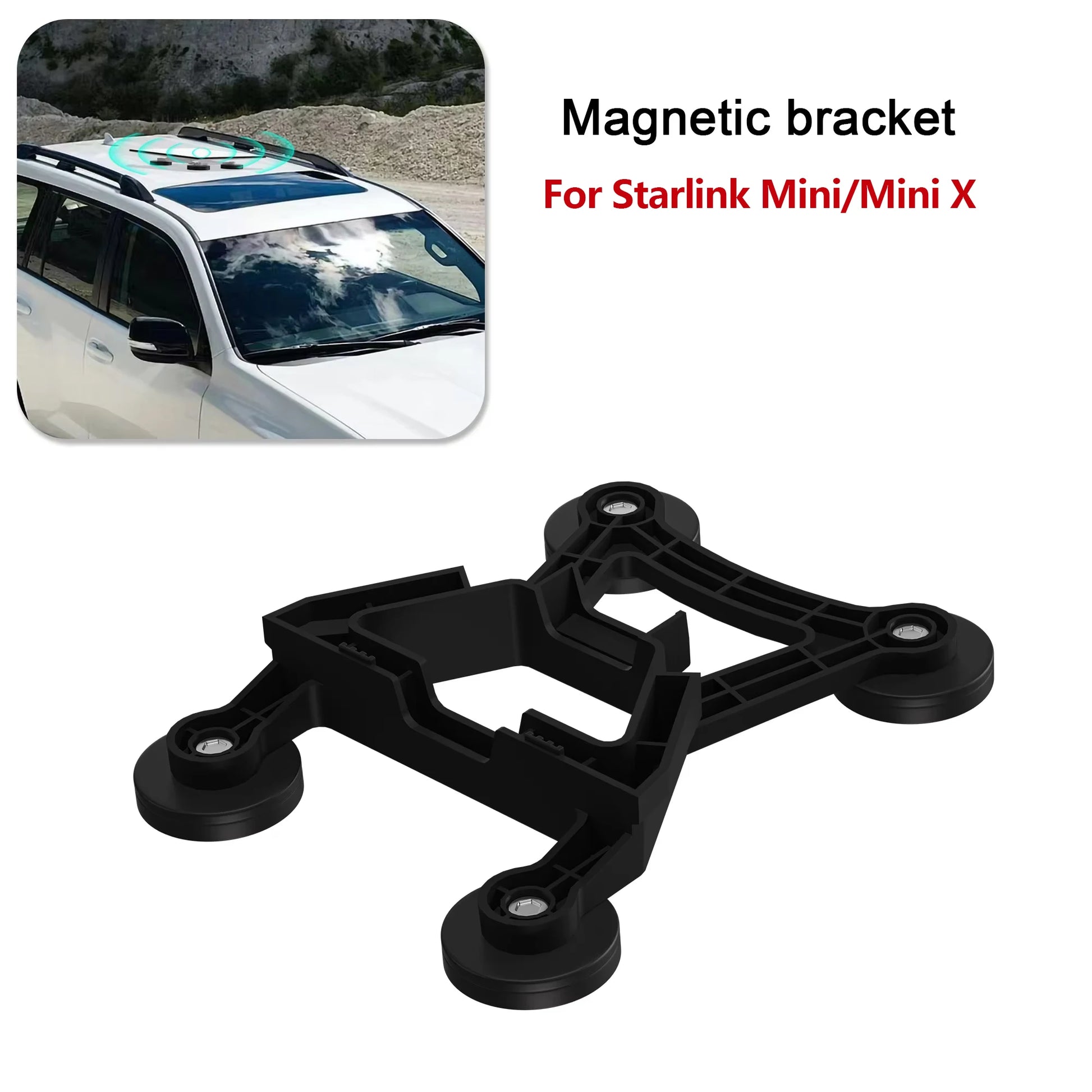 Black Starlink Mini/Mini X roof mounting bracket with 4 magnetic bases for secure satellite internet kit installation.