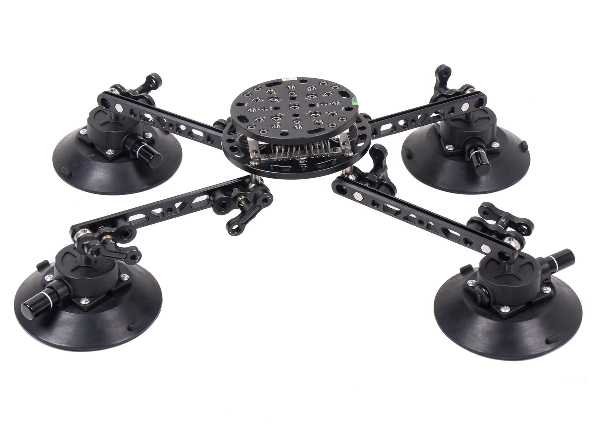 CAME-TV 4-arm aluminum alloy suction cup mount with 10kg capacity, compatible with RS2, featuring wireless action and power adapter.