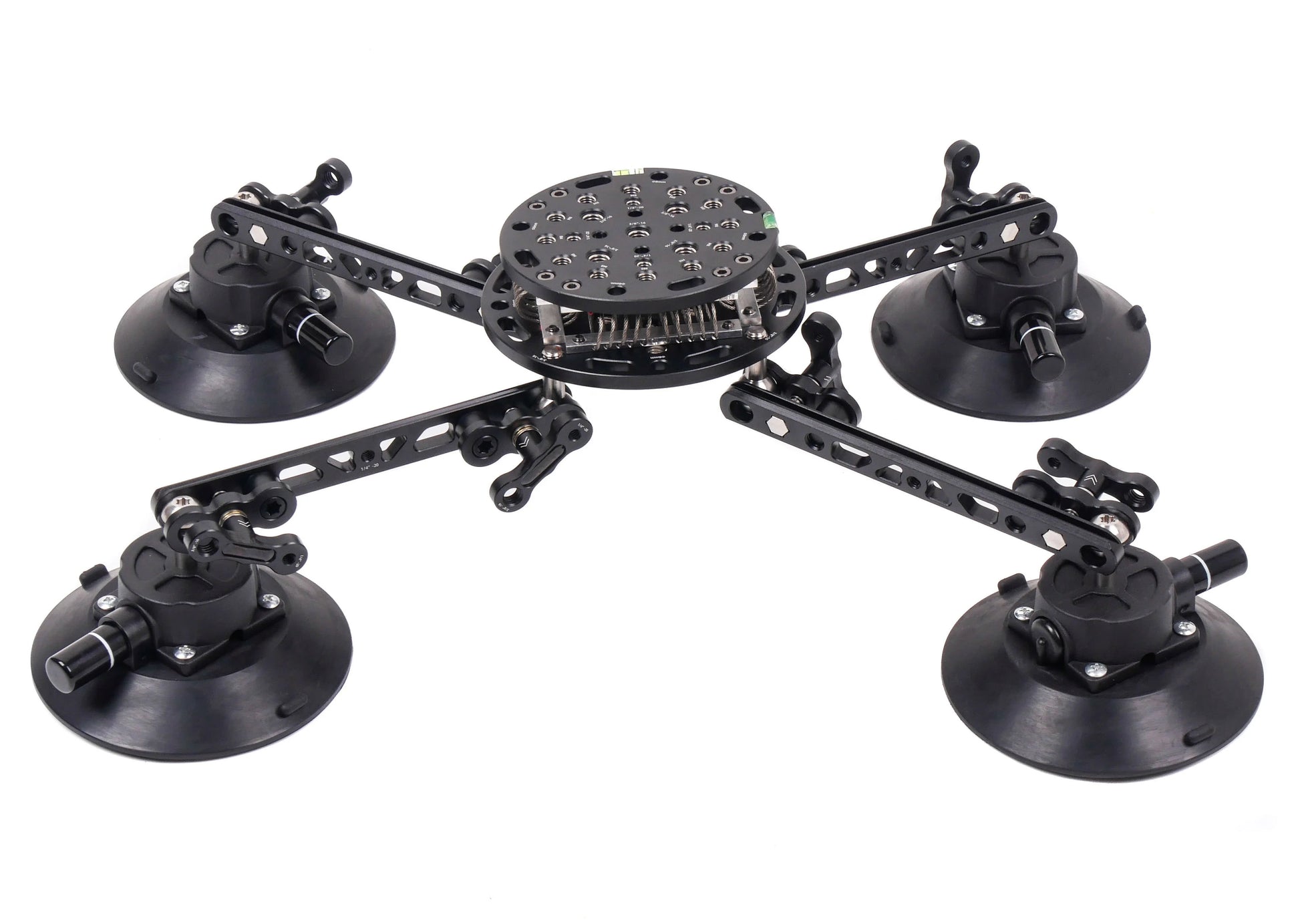 CAME-TV 4-arm aluminum alloy suction cup mount with 10kg capacity, compatible with RS2, featuring wireless action and power adapter.