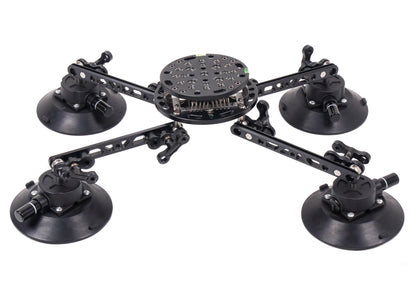 CAME-TV 4-arm aluminum alloy suction cup mount with 10kg capacity, compatible with RS2, featuring wireless action and power adapter.