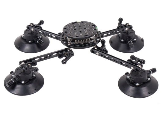 CAME-TV 4-arm aluminum alloy suction cup mount with 10kg capacity, compatible with RS2, featuring wireless action and power adapter.