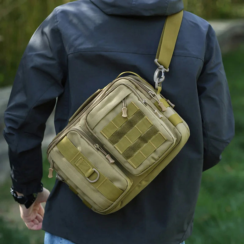 Black camo trekking tactical shoulder bag by BackupMyFilesNow.com, ideal for hiking, camping, travel, and outdoor adventures.
