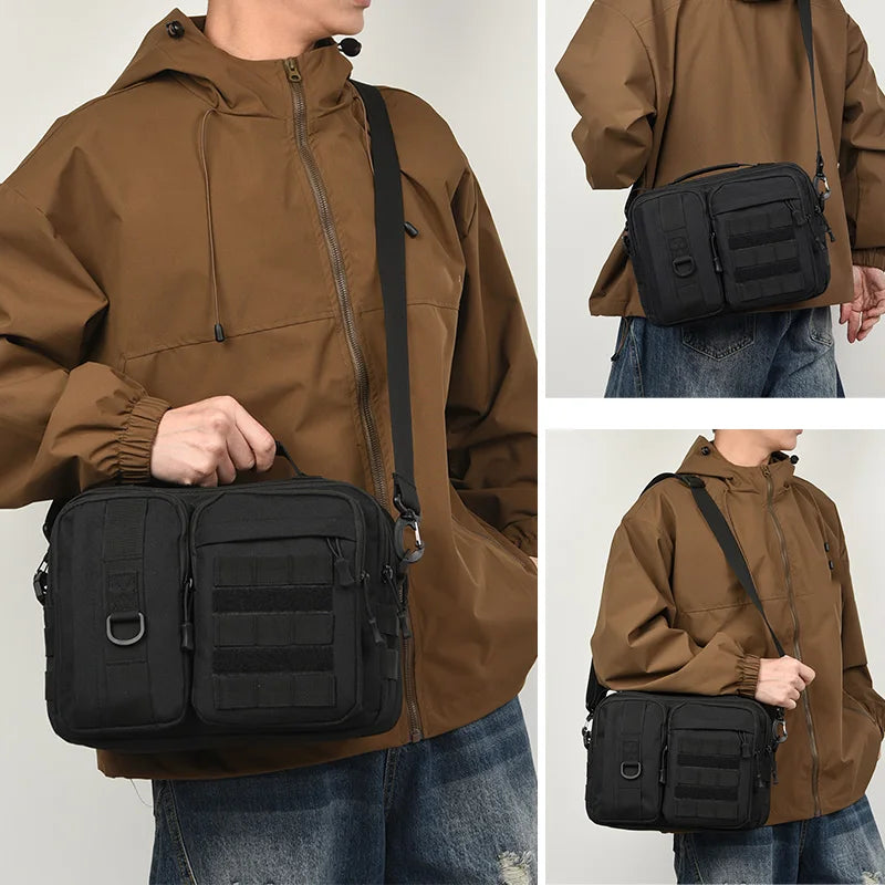 Black camo Trekking Tactical Shoulder Bag for men, ideal for hiking, camping, climbing, fishing, and outdoor adventures.