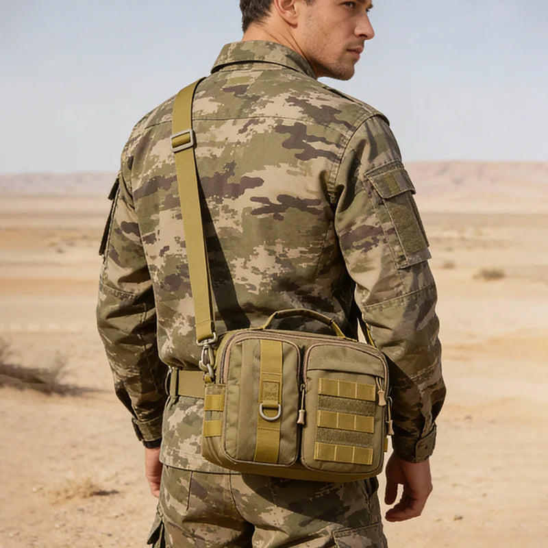 Black camo trekking tactical shoulder bag by BackupMyFilesNow.com, ideal for hiking, camping, travel, and outdoor adventures.