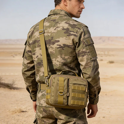 Black camo trekking tactical shoulder bag by BackupMyFilesNow.com, ideal for hiking, camping, travel, and outdoor adventures.