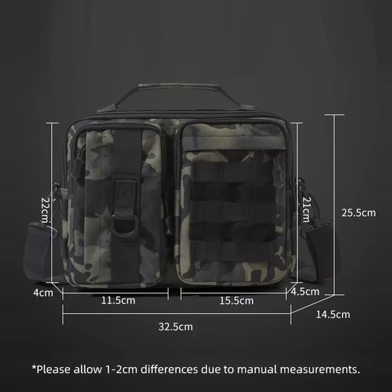 Black camo trekking tactical shoulder bag for men, ideal for hiking, camping, climbing, fishing, and outdoor weekend adventures.