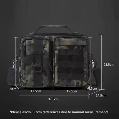 Black camo trekking tactical shoulder bag for men, ideal for hiking, camping, climbing, fishing, and outdoor weekend adventures.