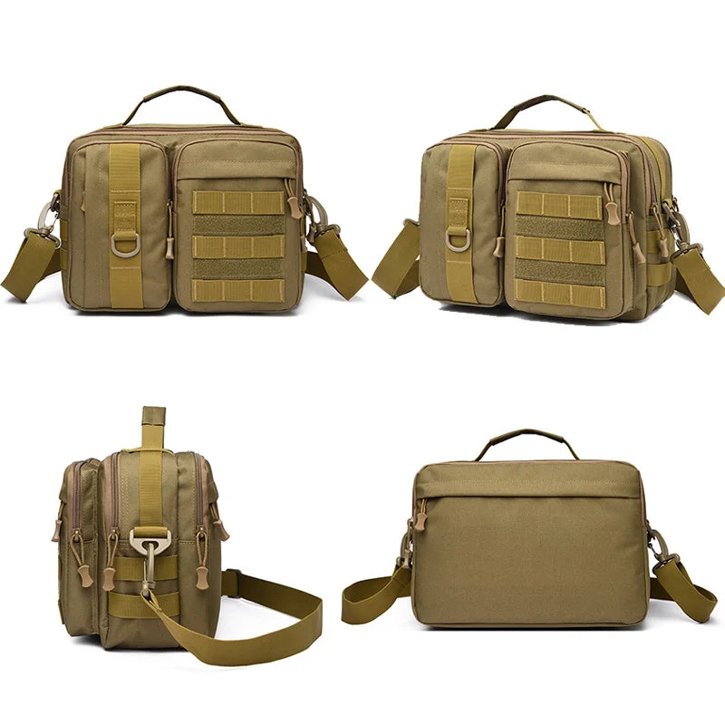 Black camo trekking tactical shoulder bag by BackupMyFilesNow.com, ideal for hiking, camping, travel, climbing, and outdoor adventures.