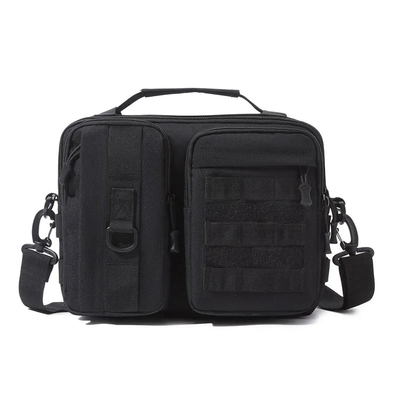 Black camo trekking tactical backpack with shoulder straps, ideal for hiking, camping, climbing, and outdoor adventures.
