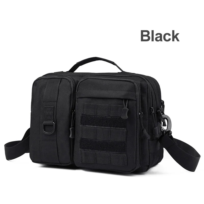 Black camo trekking tactical shoulder bag by BackupMyFilesNow.com, ideal for hiking, camping, climbing, and outdoor adventures.