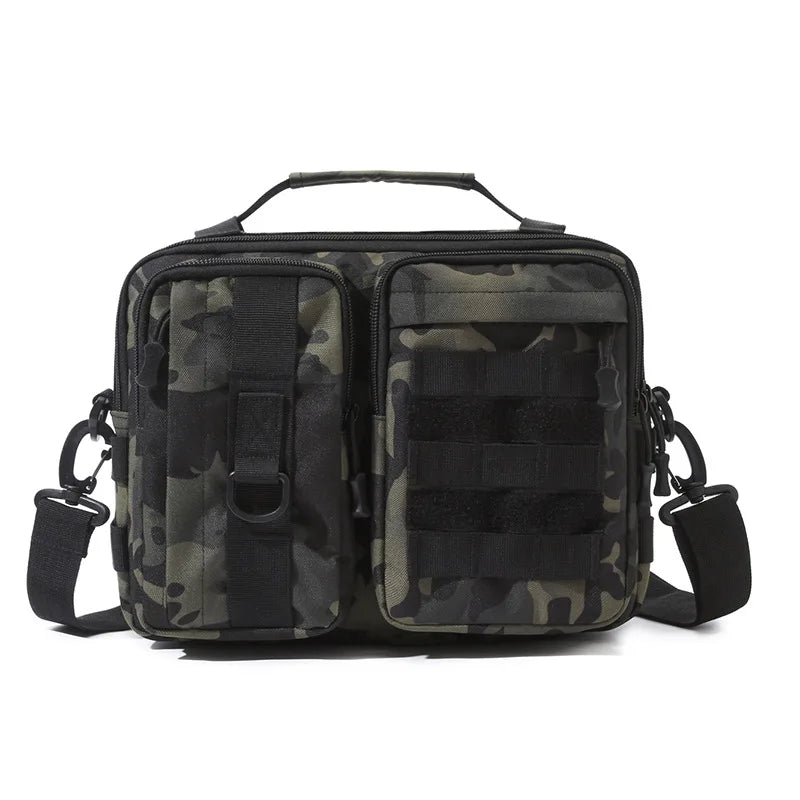 Black camo trekking tactical shoulder bag for men, ideal for hiking, camping, climbing, and outdoor travel with MOLLE system.