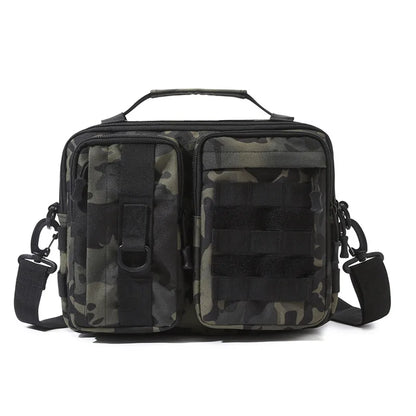 Black camo trekking tactical shoulder bag for men, ideal for hiking, camping, climbing, and outdoor travel with MOLLE system.