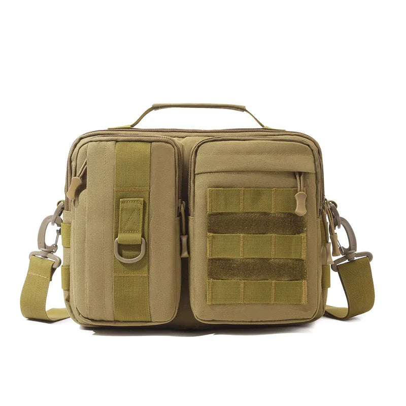 Black camo tactical shoulder bag for hiking and outdoor adventures, featuring Molle system and versatile sling design.
