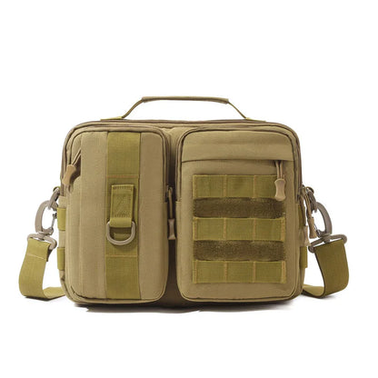 Black camo tactical shoulder bag for hiking and outdoor adventures, featuring Molle system and versatile sling design.