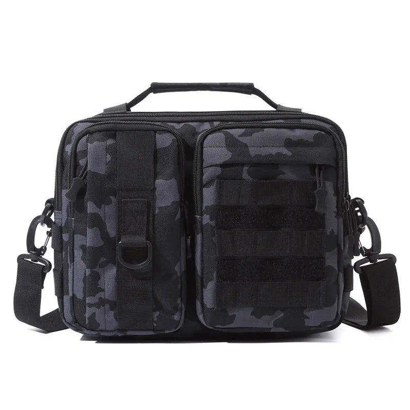 Black camo trekking tactical shoulder bag by BackupMyFilesNow.com, ideal for hiking, camping, travel, and outdoor adventures.