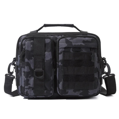 Black camo trekking tactical shoulder bag by BackupMyFilesNow.com, ideal for hiking, camping, travel, and outdoor adventures.