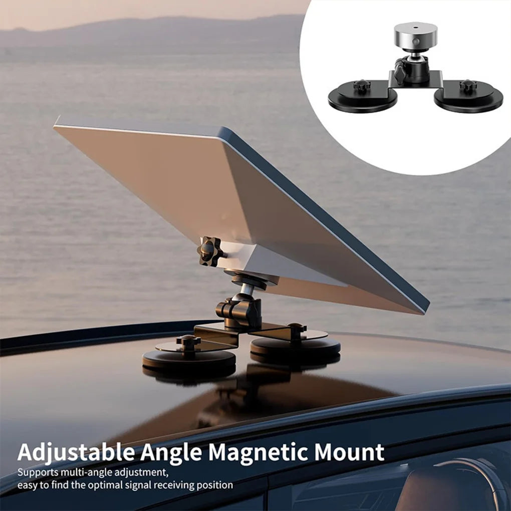 Black 360° magnetic car roof mount bracket for Starlink Mini with strong suction and adjustable angle for RV or vehicle use.