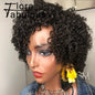 Short curly pixie cut human hair wig for black women, Brazilian Remy hair, machine-made, side part, glueless, deep curly style.
