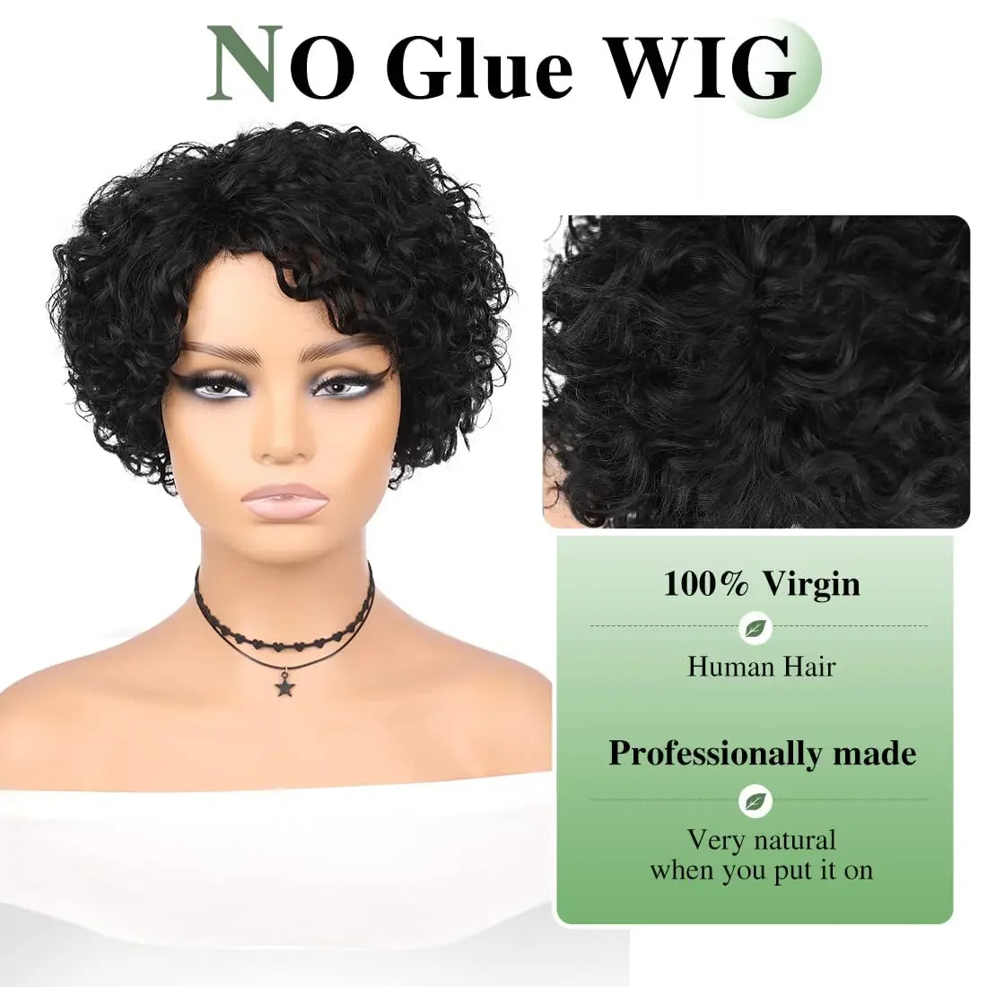 Short curly pixie cut wig for black women, glueless, Brazilian Remy human hair, side part, machine-made, 6 inches, 180 density.