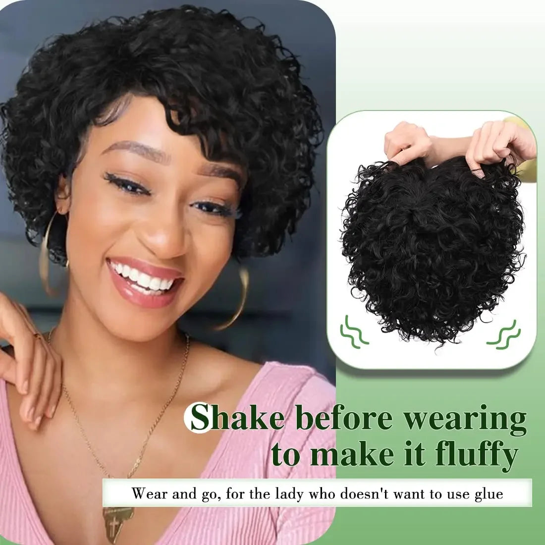 Short curly pixie cut wig for Black women, glueless Brazilian Remy human hair, side part, machine-made, deep curly style.