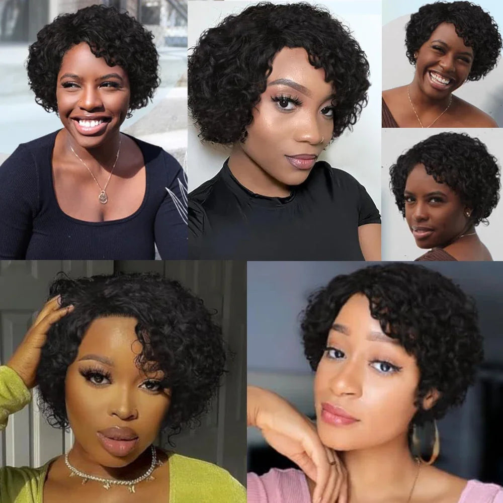 Short curly pixie cut human hair wig for Black women, Brazilian Remy hair, machine-made, glueless, side part, deep curly style.