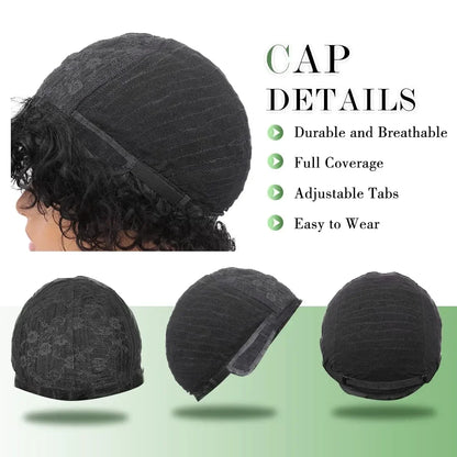 Black woman wearing a short, curly glueless pixie cut wig made of Brazilian Remy human hair with a side part.