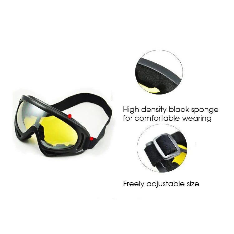 Black safety anti-UV glasses by BACKUPMYFILESNOW.COM® with windproof, dust-proof design for work, sports, and tactical protection.