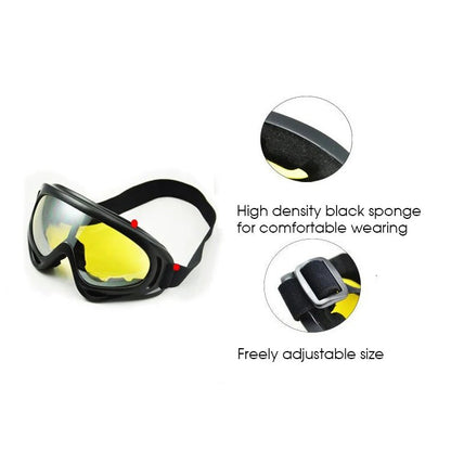 Black safety anti-UV glasses by BACKUPMYFILESNOW.COM® with windproof, dust-proof design for work, sports, and tactical protection.