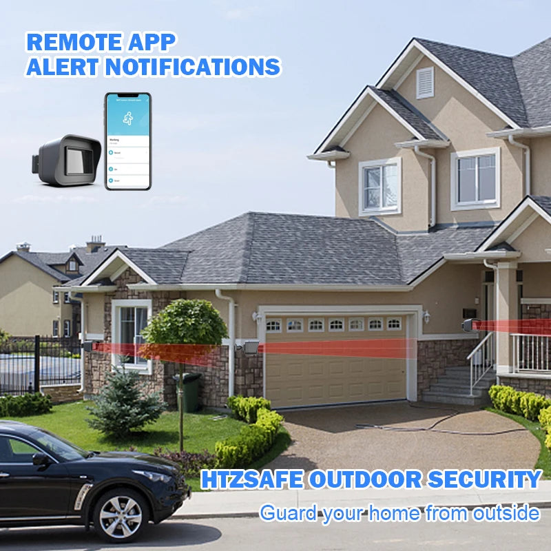 Black weather-resistant outdoor WiFi motion sensor and detector with remote app notifications, compatible with Alexa security system.