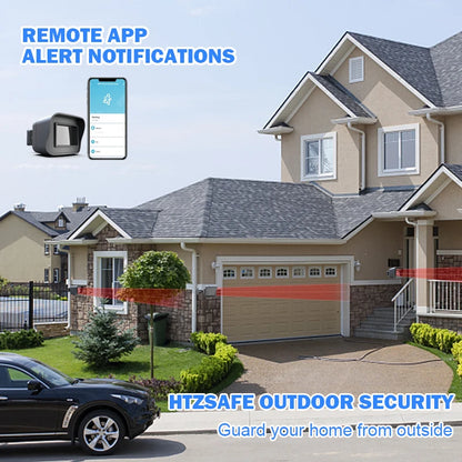 Black weather-resistant outdoor WiFi motion sensor and detector with remote app notifications, compatible with Alexa security system.