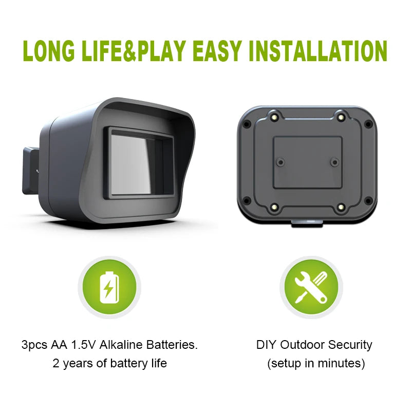 Black outdoor WiFi motion sensor and detector with weather-resistant design, compatible with Alexa and remote app notifications.