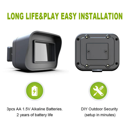 Black outdoor WiFi motion sensor and detector with weather-resistant design, compatible with Alexa and remote app notifications.