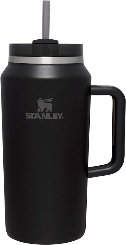 Black Stanley Quencher H2.0 FlowState stainless steel vacuum tumbler with lid and straw, ideal for water, iced tea, or coffee.