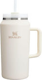 Black Stanley Quencher H2.0 stainless steel vacuum insulated tumbler with lid and straw, perfect for water, iced tea, or coffee.