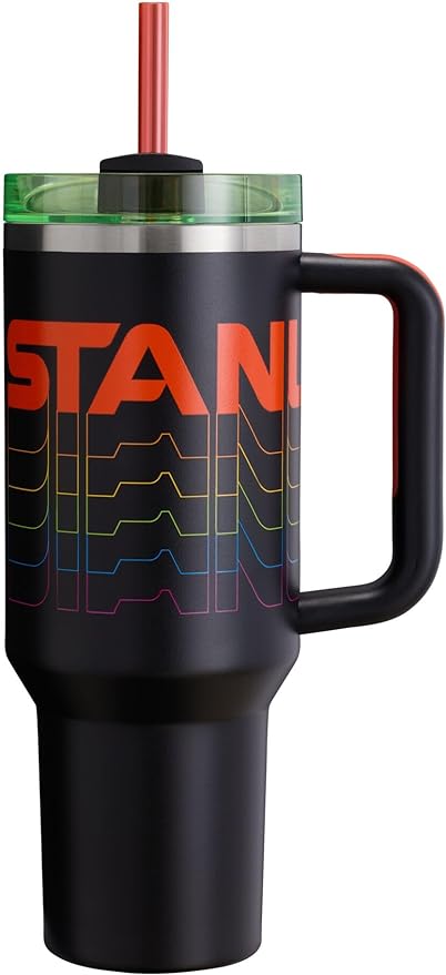 Black Stanley Quencher H2.0 FlowState stainless steel vacuum tumbler with lid and straw for water, iced tea, or coffee.