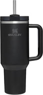 Black Stanley Quencher H2.0 stainless steel vacuum tumbler with lid and straw, perfect for water, iced tea, or coffee.