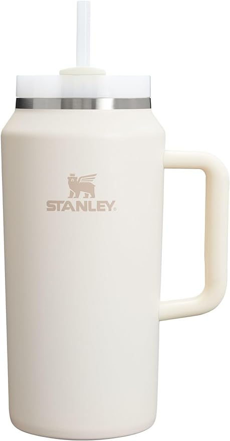 Black Stanley Quencher H2.0 FlowState stainless steel vacuum tumbler with lid and straw for water, iced tea, or coffee.