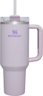 Black Stanley Quencher H2.0 FlowState stainless steel vacuum tumbler with lid and straw for water, iced tea, or coffee.