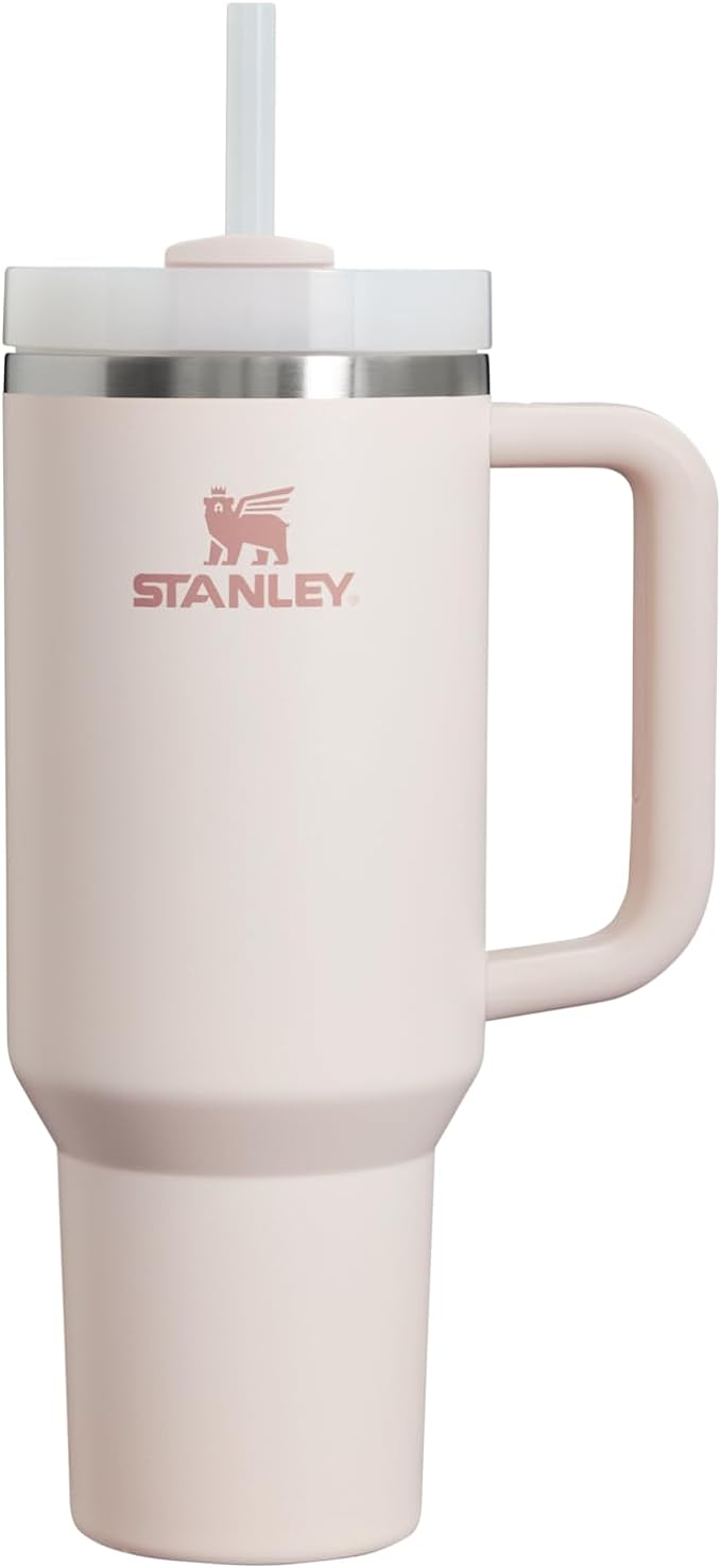 Black Stanley Quencher H2.0 FlowState stainless steel vacuum tumbler with lid and straw for water, iced tea, or coffee.