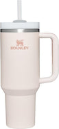 Black Stanley Quencher H2.0 FlowState stainless steel vacuum-insulated tumbler with lid and straw, ideal for water, iced tea, or coffee.