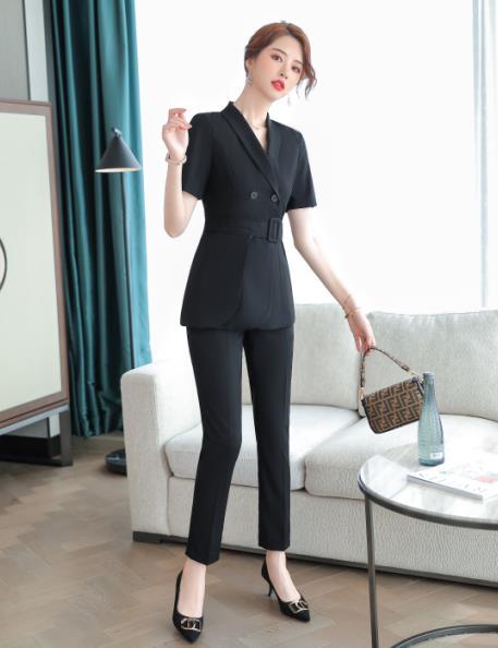 Black women's business formal suit with tailored coat and pants, high-quality design for professional office attire.